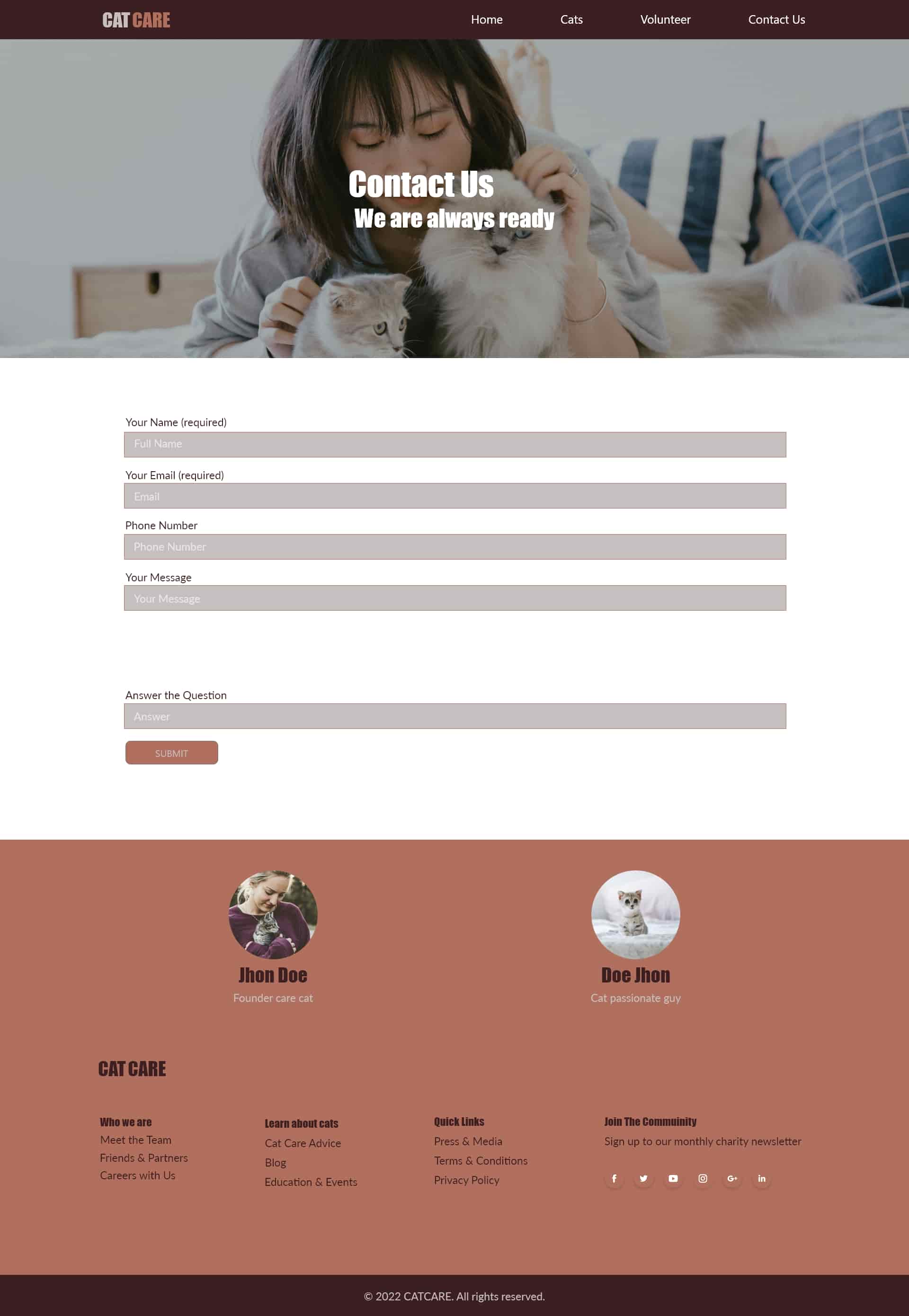 Cat Care Website Contact Us Page